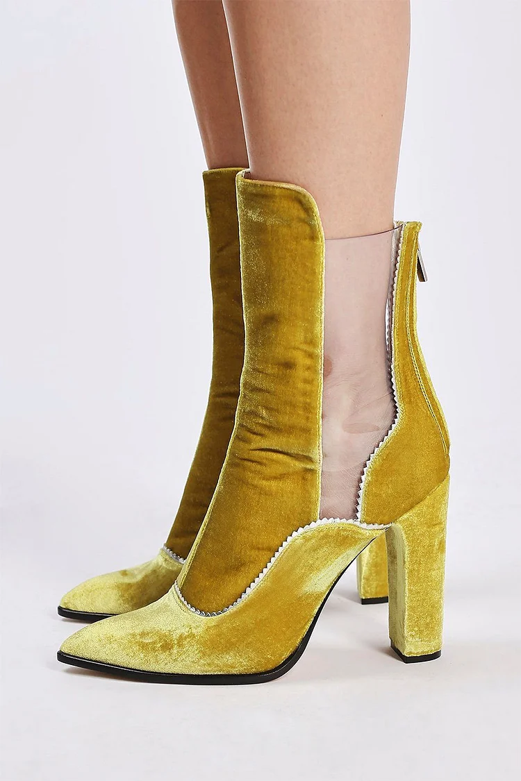 Gold Velvet Clear Chunky Heel Ankle Boots Vdcoo