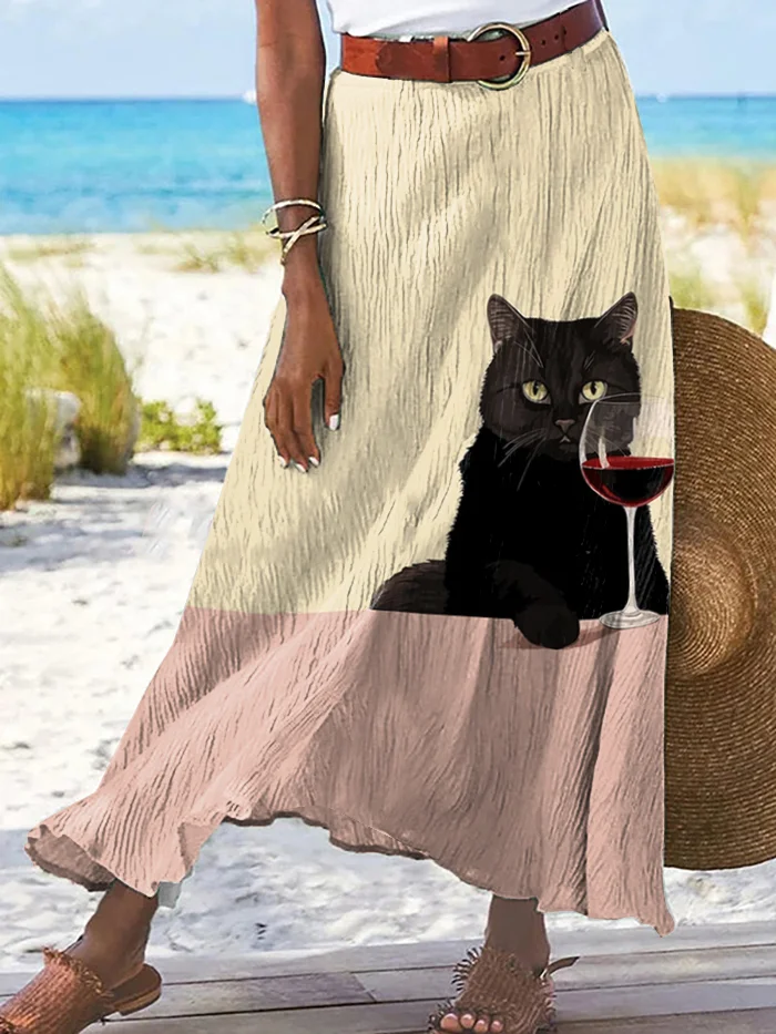 Women's Chill Black Cat Red Wine Color Contrast Art Print Skirt​