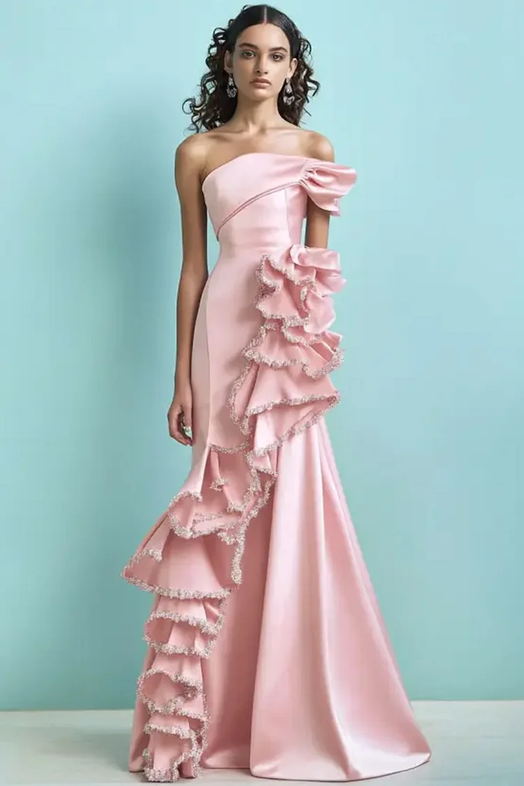 Off Shoulder Layered Ruffle Maxi Dress-Pink [Custom-Made]