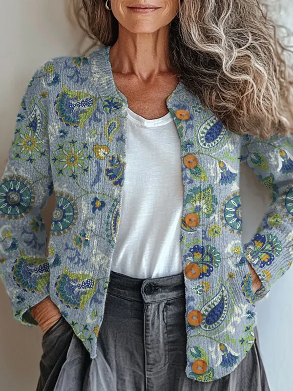 Vintage Flower Art Print Buttoned Cardigan Sweater