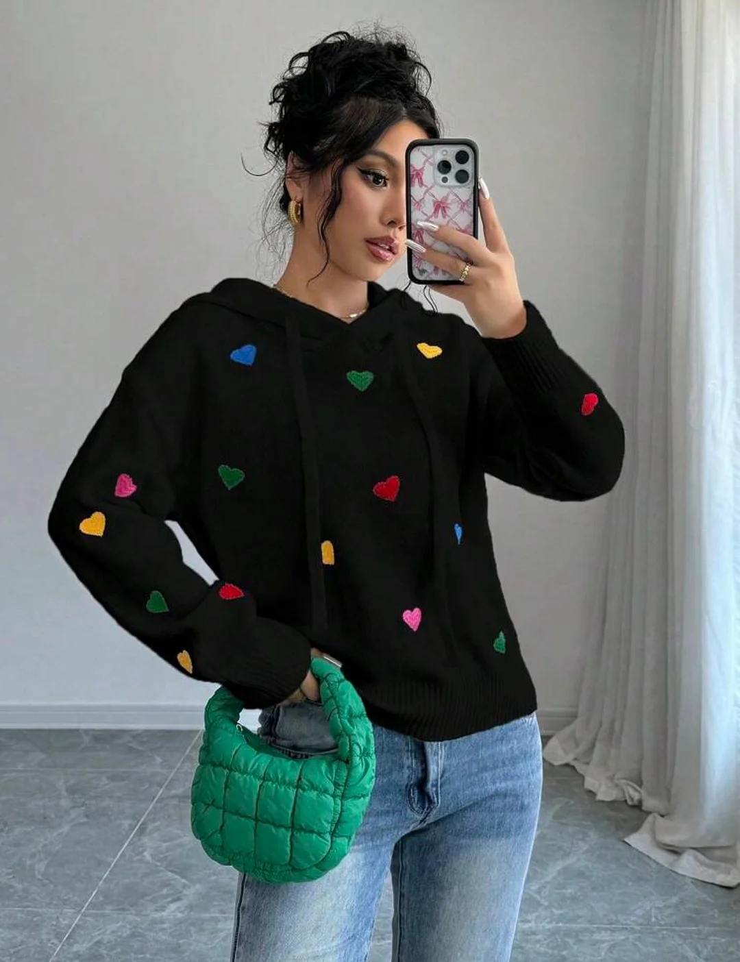 Athvotar Athvotar And Winter Women's Sweater Fashion Color Love Hooded Long-Sleeved Knitted Shirt