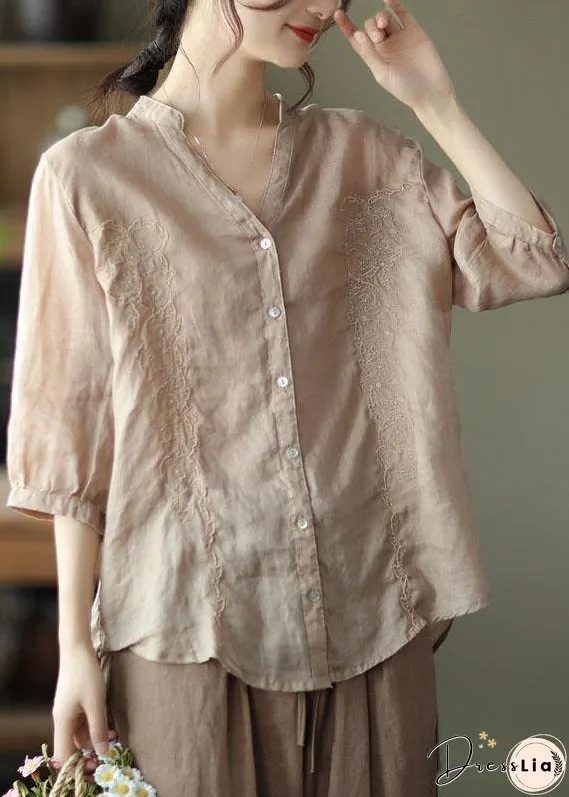French yellow flower Embroidered V Neck Ramie Blouse Top Summer