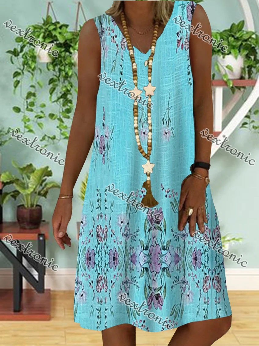 Women's Sleeveless V-neck Blue Floral Printed Midi Dress