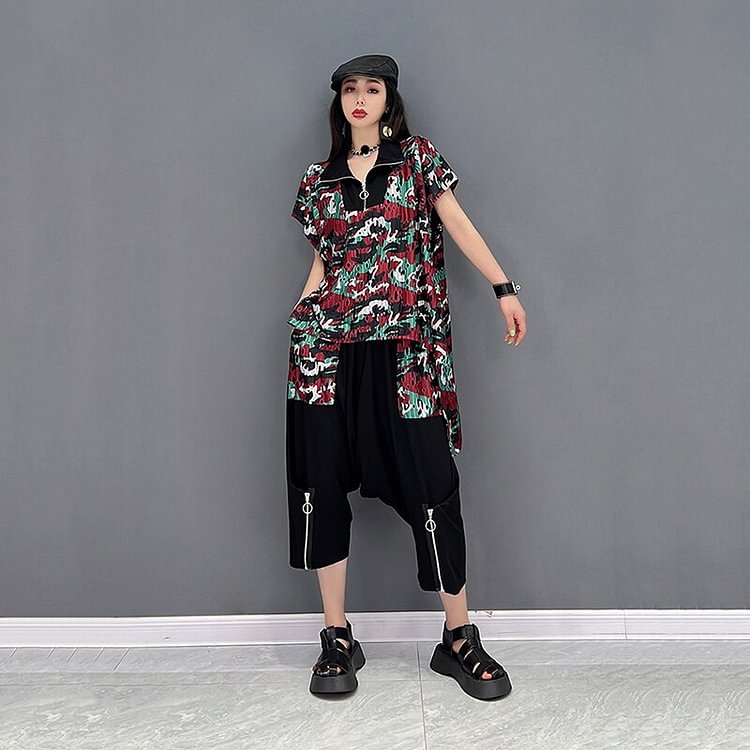 Street Lapel With Zipper Camouflage Short Sleeve Irregular Top And Haren Pants Two Pieces Set      