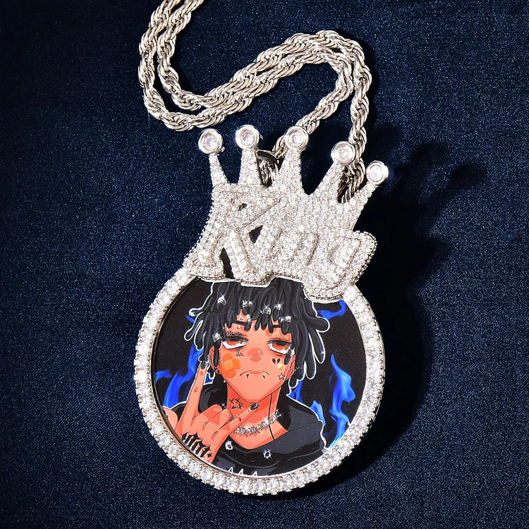 Custom Photo Iced Out King Crown Bail Pendant Hip Hop Necklace Jewelry-VESSFUL