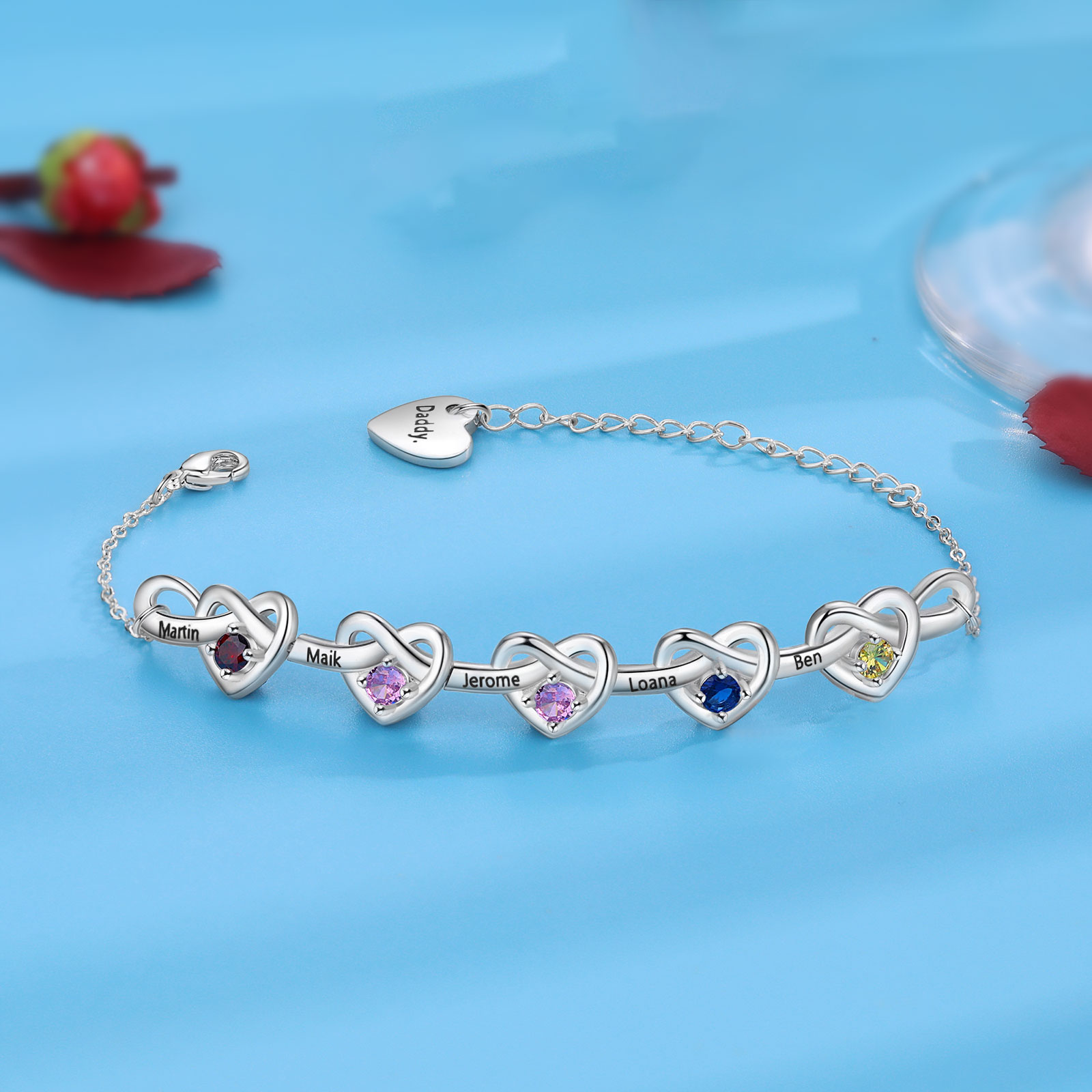 5 Names - Personalized Linked Heart Bracelet Custom 5 Birthstones Engraved Text Bracelets- Mother's Day Gift for Mom/Grandma