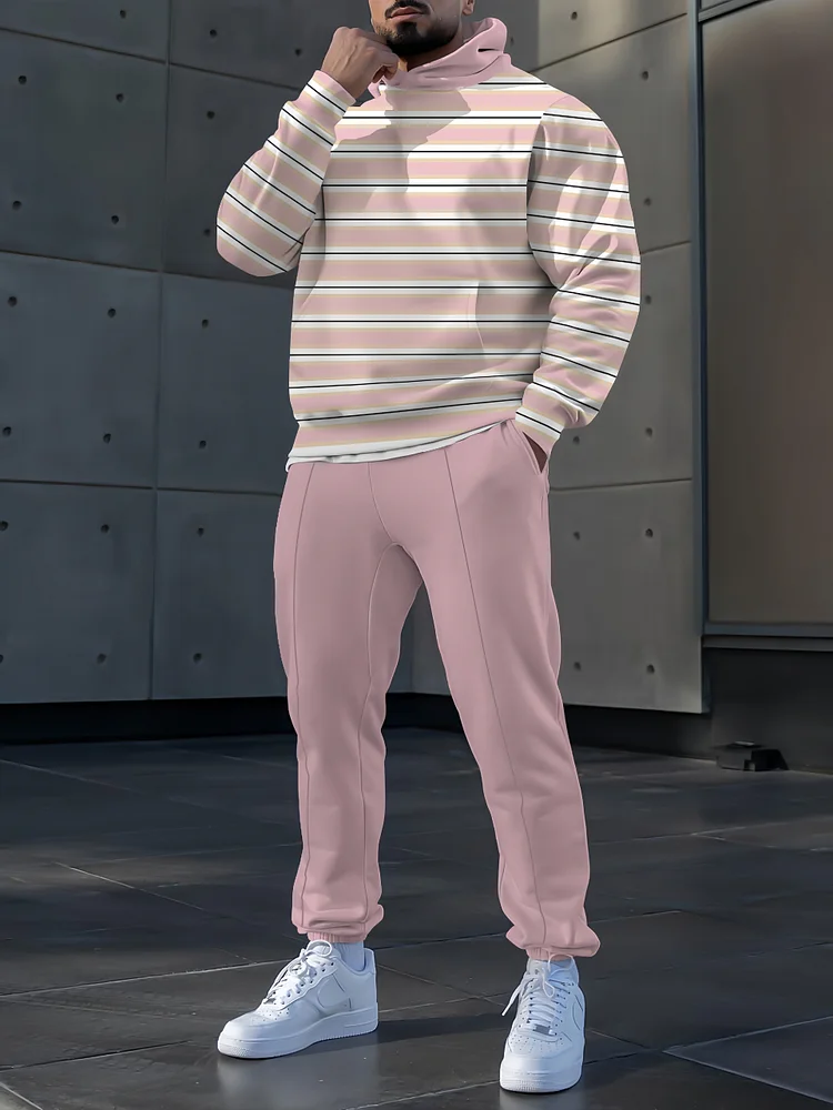 Men's fashion casual pink stripe printed hoodie two sets