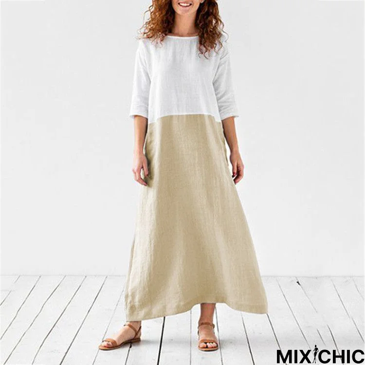 Loose Solid Cotton Linen Patchwork Dress Round Neck Seven Sleeve Skirt