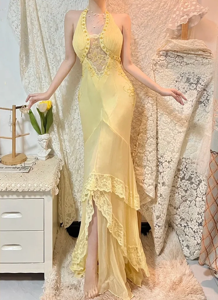 Yellow beaded elegant long chiffon ball gown evening dress party dress