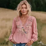 Women's Bohemian Pink Floral And Birds V-neck Long-sleeved T-shirt - Image 2