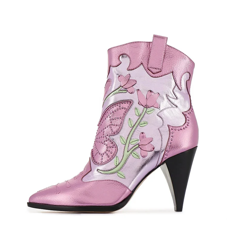 Pink Metallic Cone Heel Booties Butterfly Stud Flower Cowboy Boots |FSJ Shoes