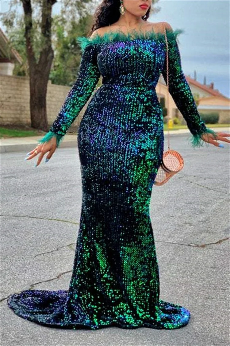 Xpluswear Plus Size Formal Emerald Green Feather Sequin Off Shoulder Bodycon Trailing Maxi Dress