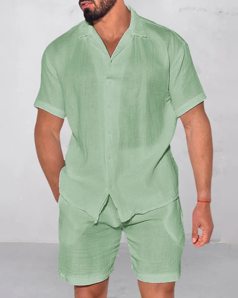 Suitmens Men's Cotton Linen Cuban Zero Short Sleeve Suit  0380