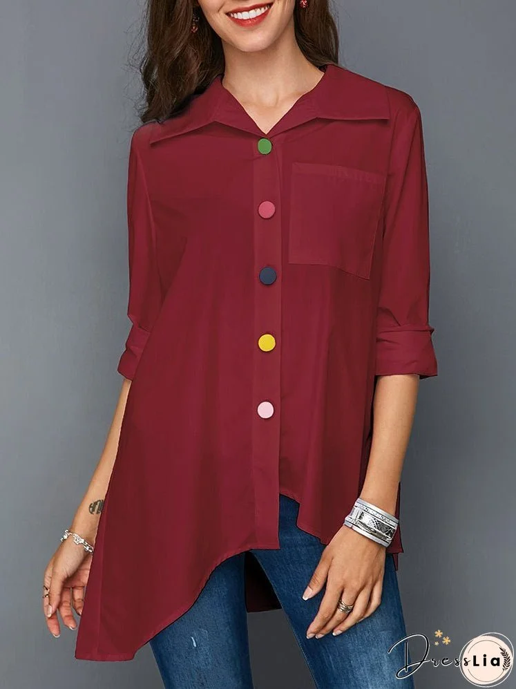 Women's Blouses Irregular Hem Collar Colorful Buttons Blouse
