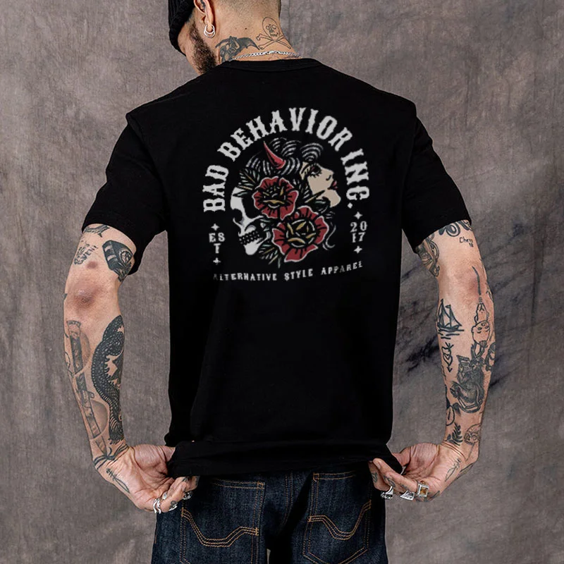 BAD BEHAVIOR Skull Roses Graphic Black Print T-shirt