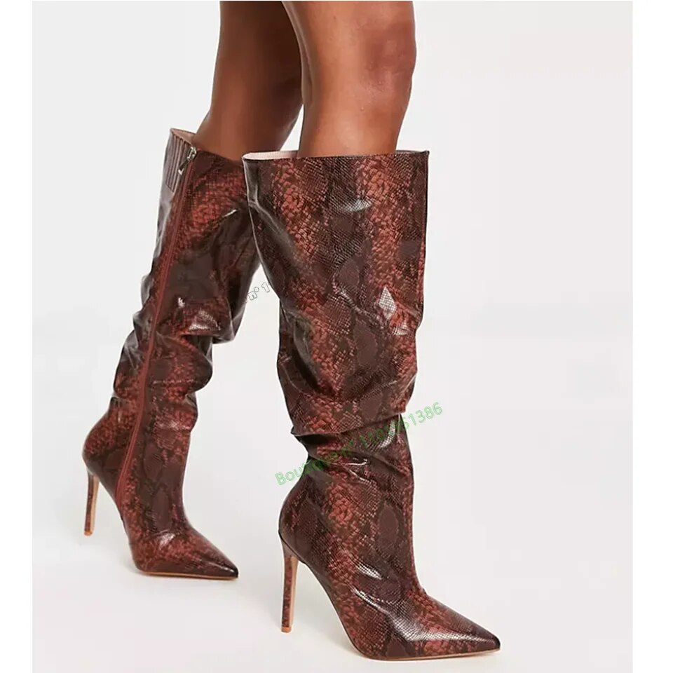 VCSHOES Brown Snakeskin Print Knee High Boots Thin High Heel Pointed Toe Big Size Women Shoes Zapatos Para Mujere