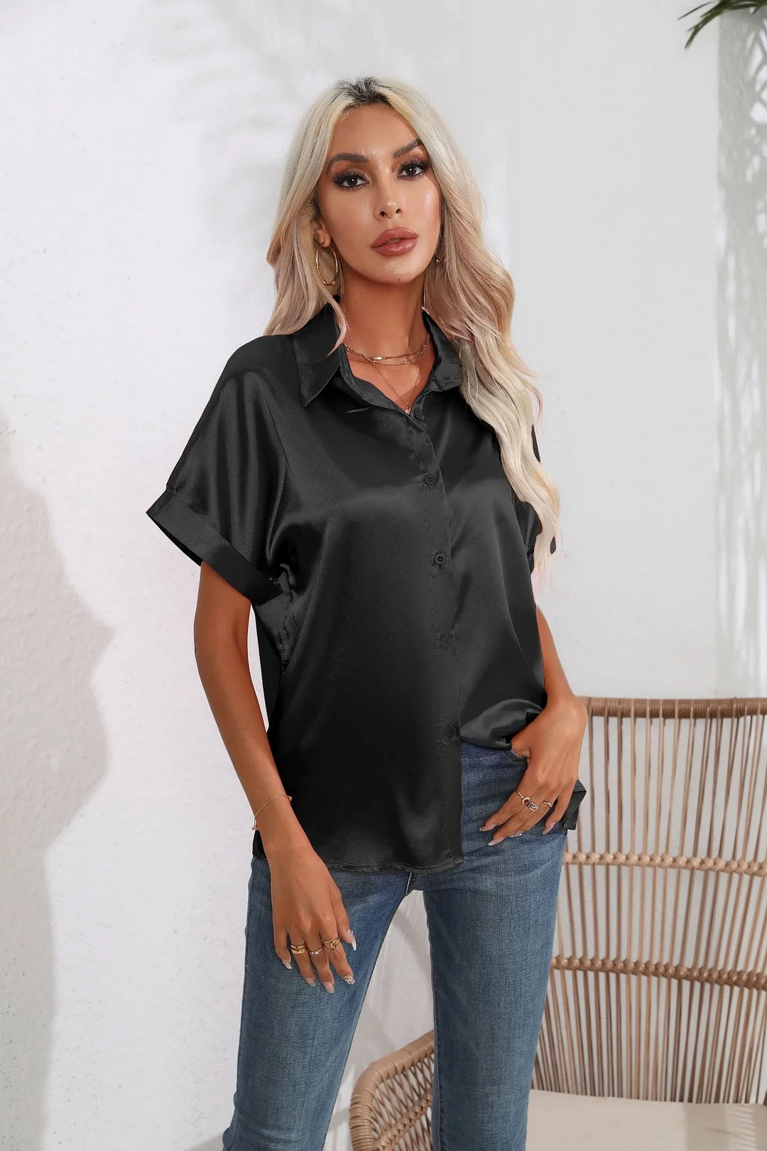 Uveng New Satin Short-sleeved Shirt Clothes Blouses