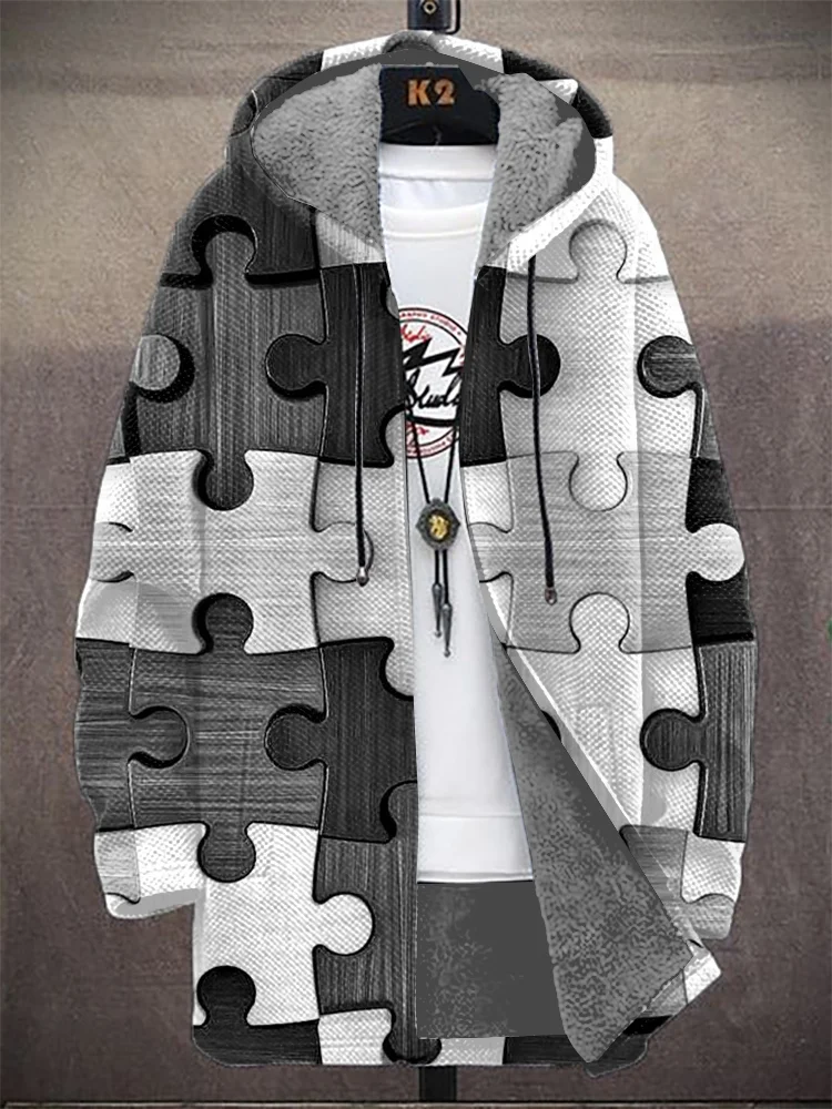 Men's Puzzle Geometric Art Print Hooded Trench Coat