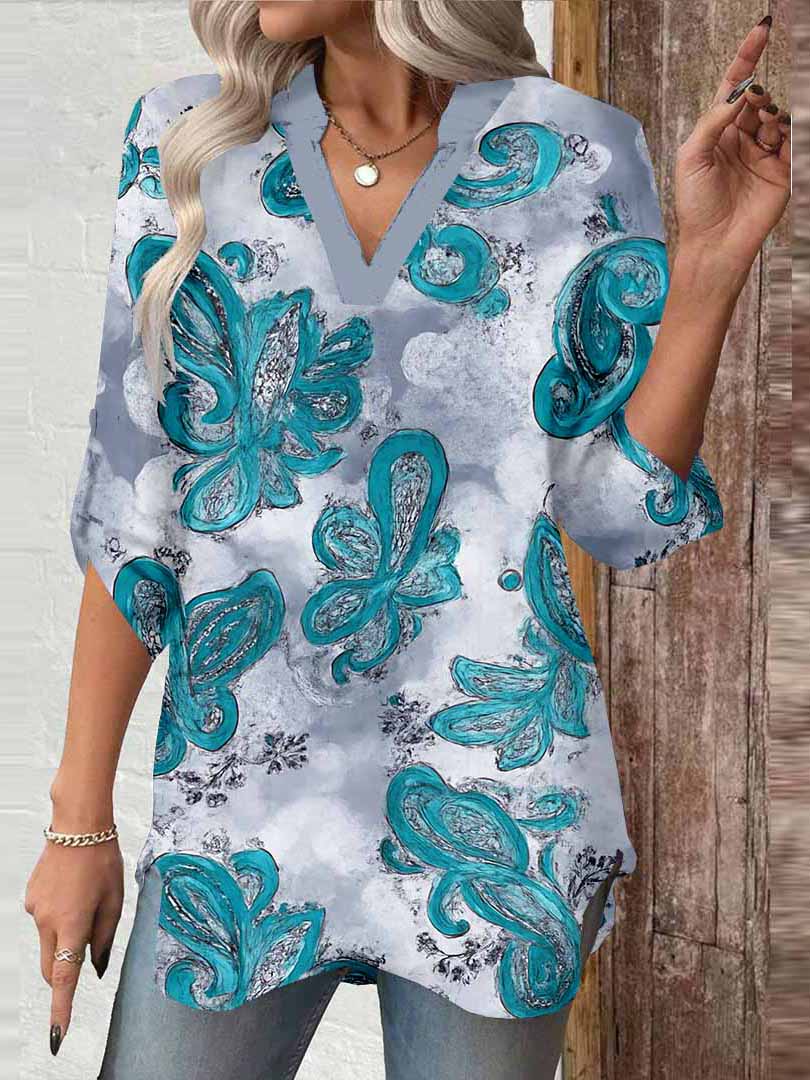 Women Floral, Green DZGA0062 3/4 Sleeve V-neck Printed Graphic Button Tops