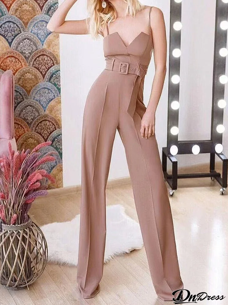 Strap Notched V Neck Belt Wide Leg Pants Jumpsuit