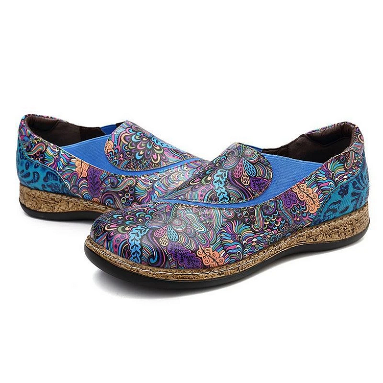 Intricate Floral Printed Leather Slip On Flats -loafers