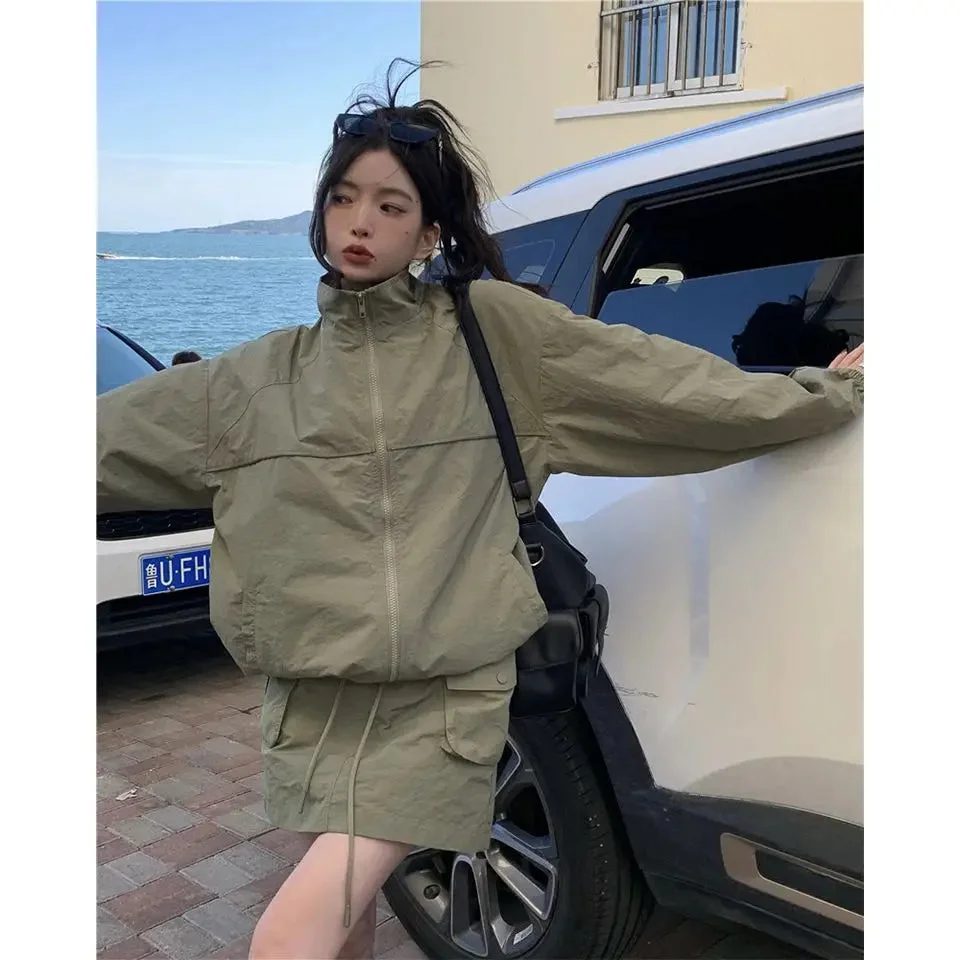 Tlbang Y2K Vintage Green Two Piece Sets Women Outifits Harajuku Techwear Sunscreen Jackets High Waist Skirts Sets Grunge Kpop