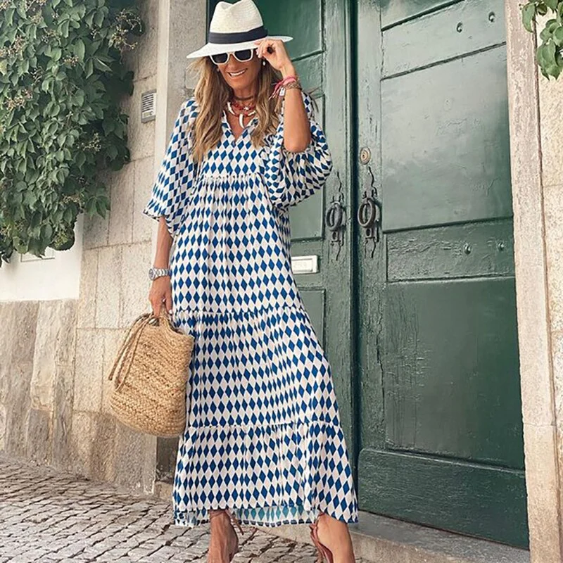 Summer Puff Sleeve Long Dress Women Loose Boho Floral Dress  Fashion Holiday Beach Vintage Dress Elegant Geometric Print Vestido