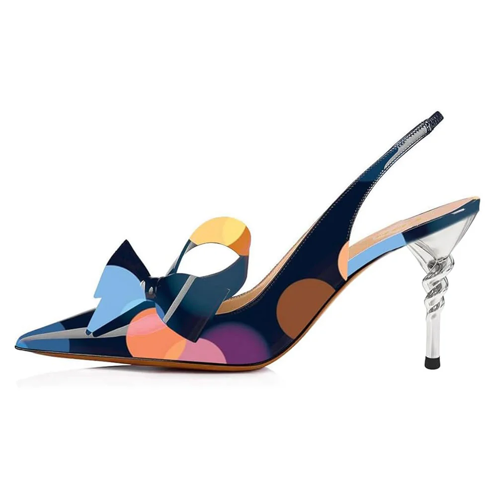 Multicolor Polka Dots Slingback Pointed Toe Heels with Bow Accent