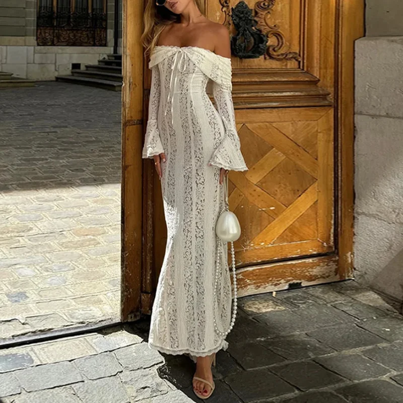 Zingj Spice Girl Packed Evening Dress Woman 2025 Spring New Fashion-Word Shoulder Lace Stitching Design Sensing Long-Sleeved Dress
