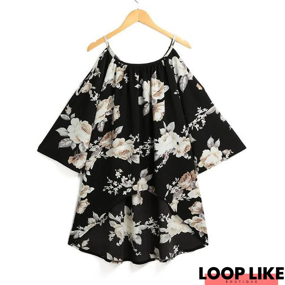 Women Off Shoulder Shirts Boho Floral Print Tunic Plus Size Blouse Shirt