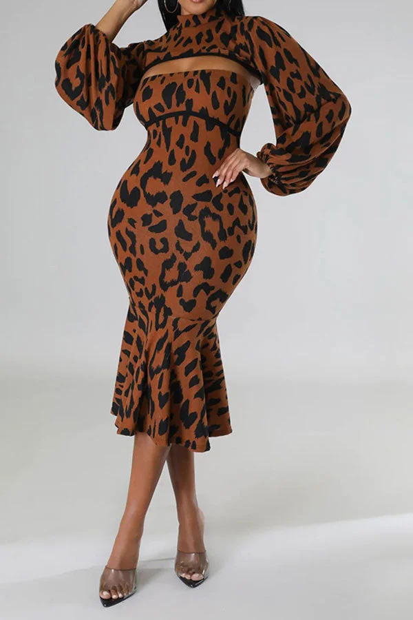 Leopard Print Elegant Ruffle Dress Suit