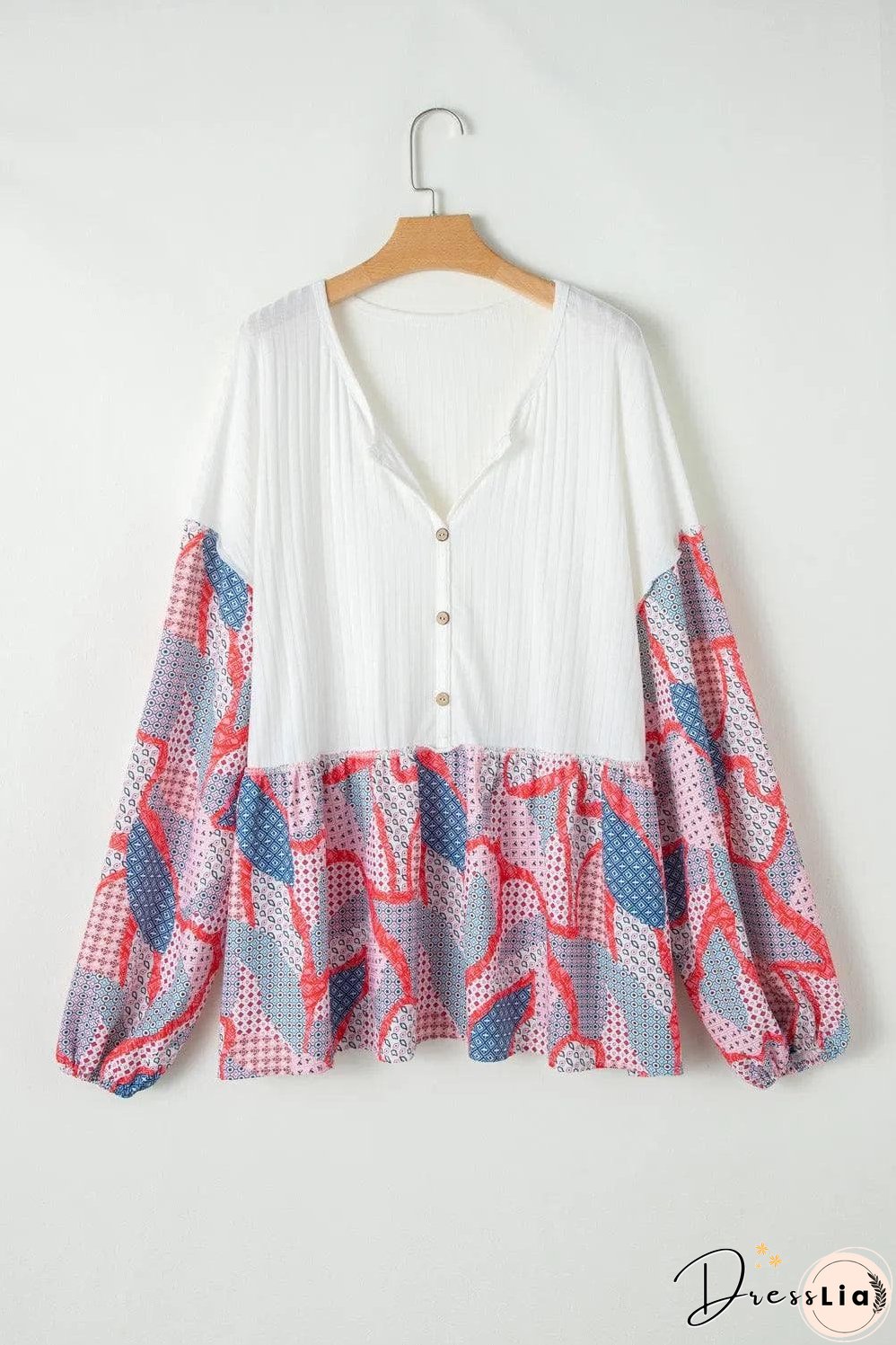 Apricot Plus Size Printed Patchwork Textured Buttoned Blouse