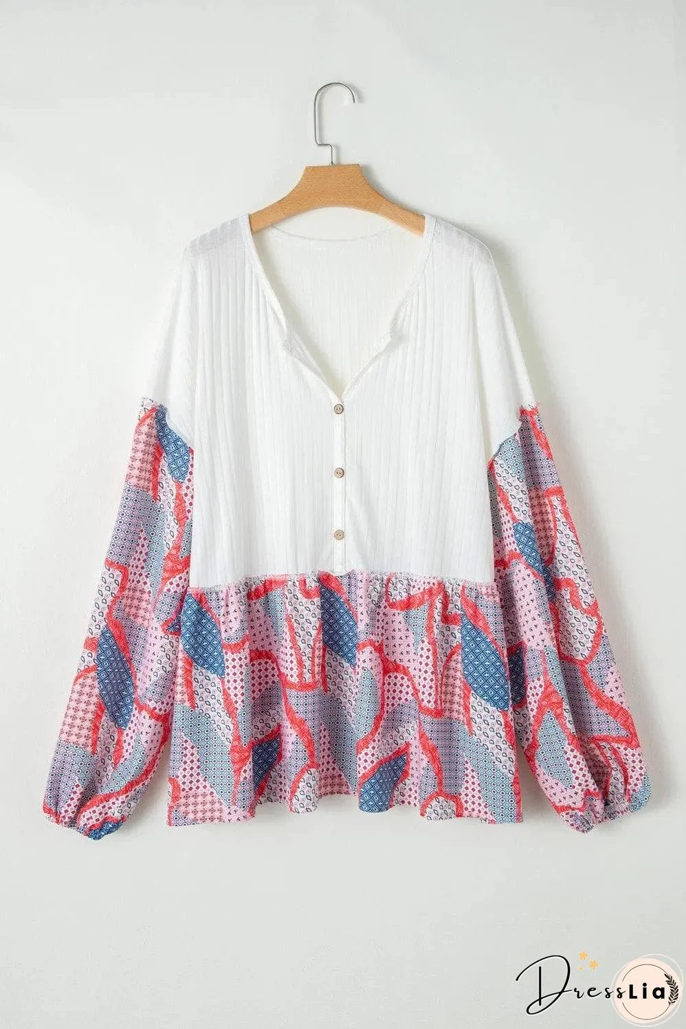 Apricot Plus Size Printed Patchwork Textured Buttoned Blouse