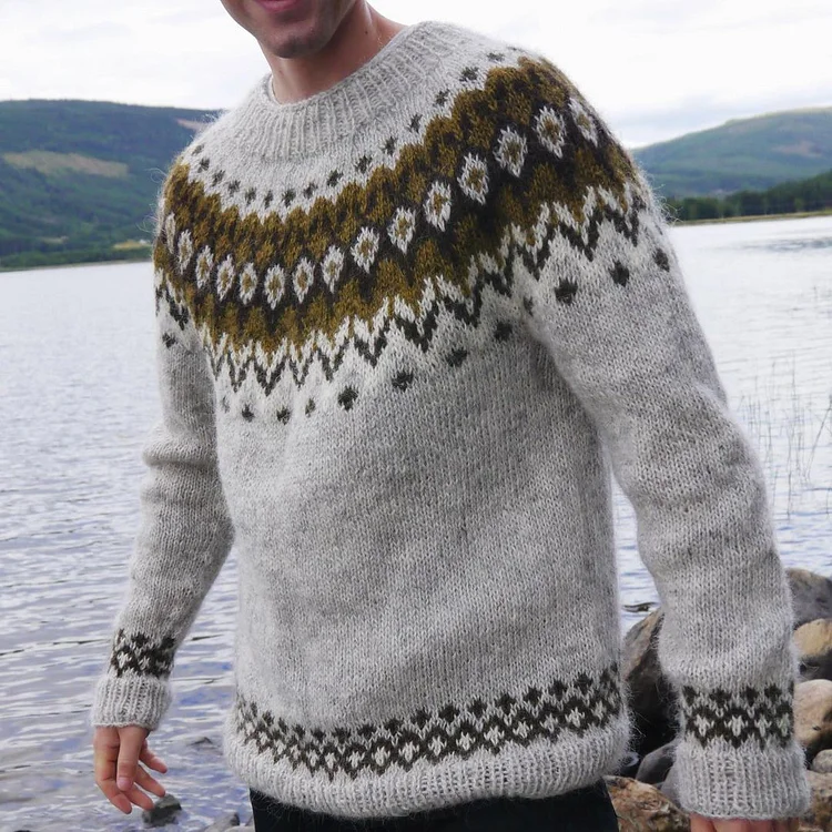 VChics Men's Fairman Vintage Island Knit Jacquard Crew Neck Sweater