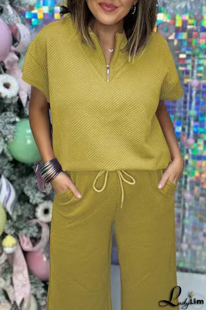 Casual Simplicity Solid Pocket Zipper Texture Turndown Collar Short Sleeve Two Pieces