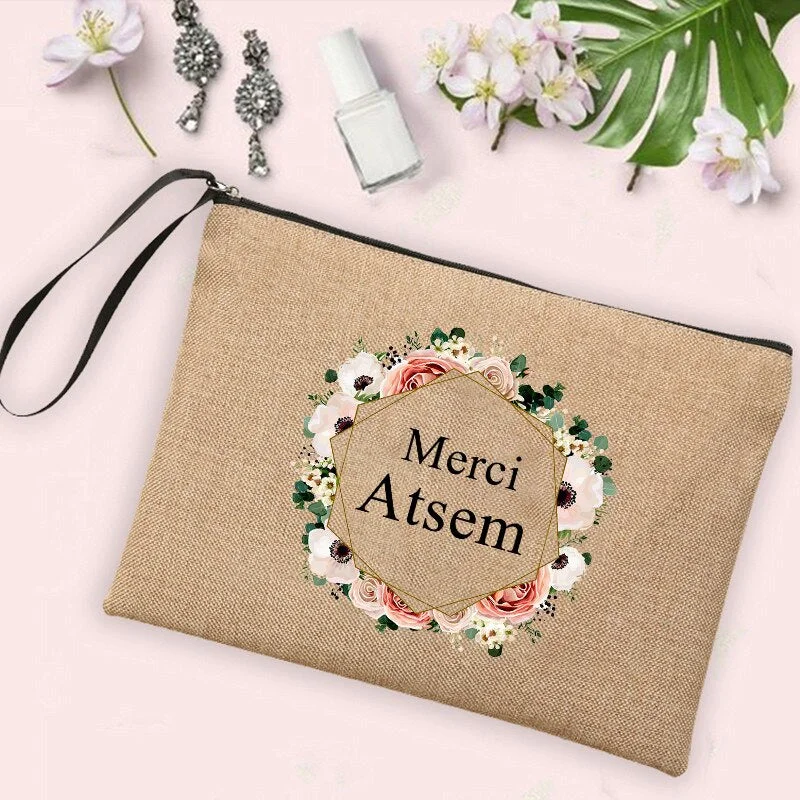 Merci Atsem French Print Cosmetic Bags Women Neceser Makeup Bag Linen Zipper Pouch Travel Organizer Case Pencil Bags Atsem Gifts