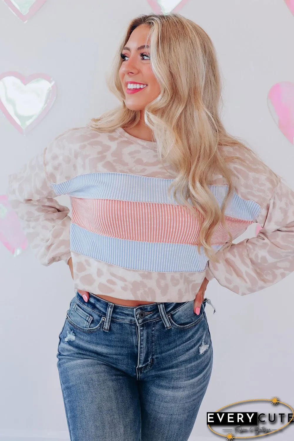 Leopard Animal Print Contrast Stripes Patchwork Puff Sleeve Knit Top