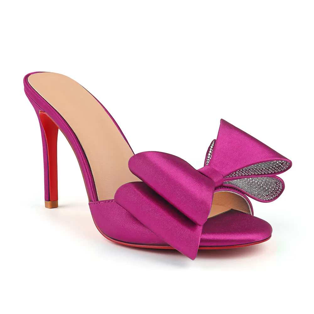 100mm/3.94 Inch Women's High Heel Mules Rhinestone Bowknot Backless Stiletto Heel Slippers Sexy Summer Heeled Red Bottom Sandals-vocosishoes