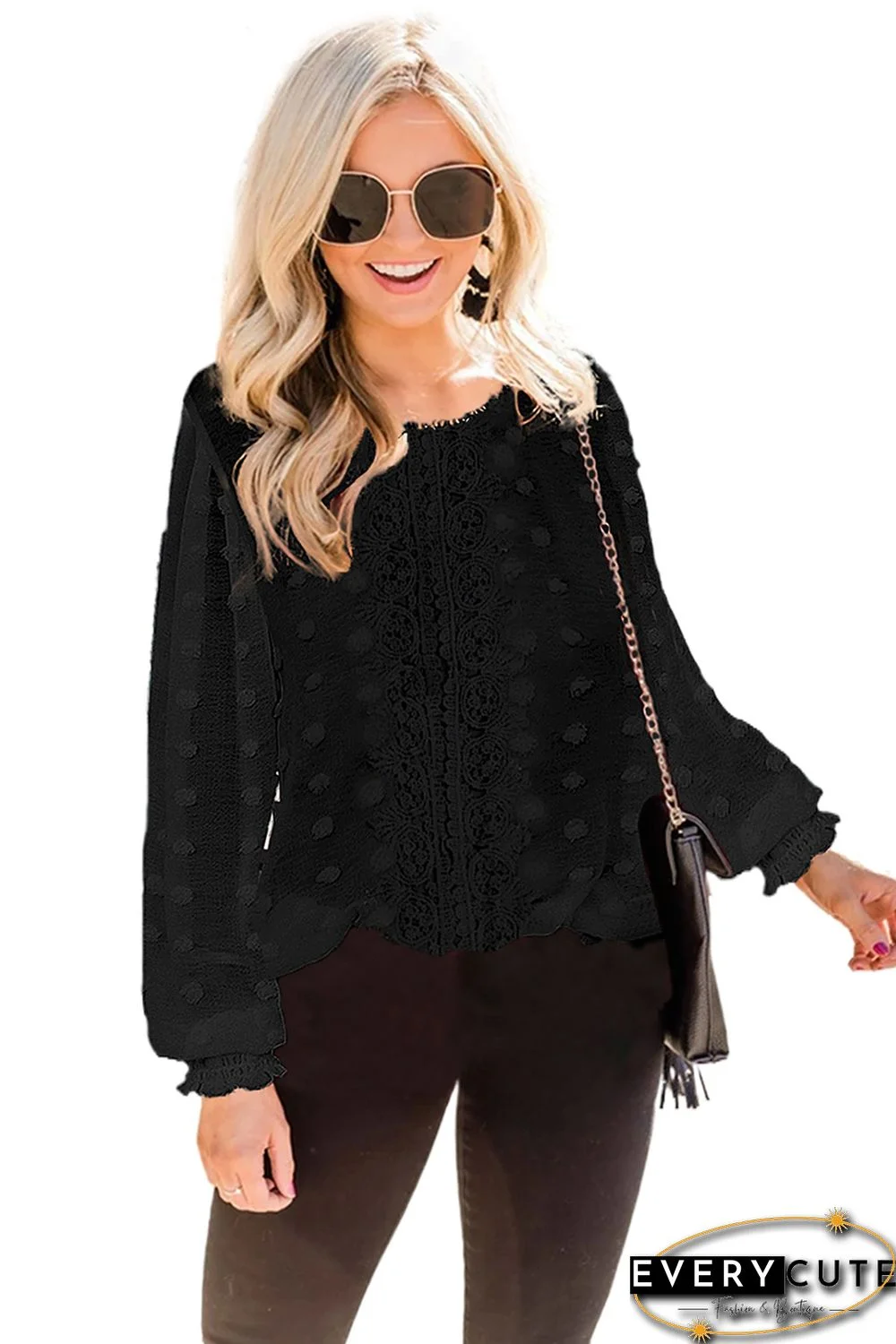 Black Polka Dot Lace Lantern Sleeve Blouse