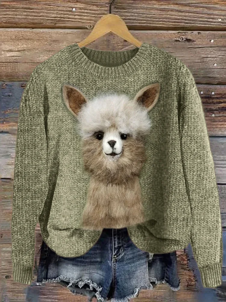 Funny Alpaca Felt Art Cozy Knit Sweater