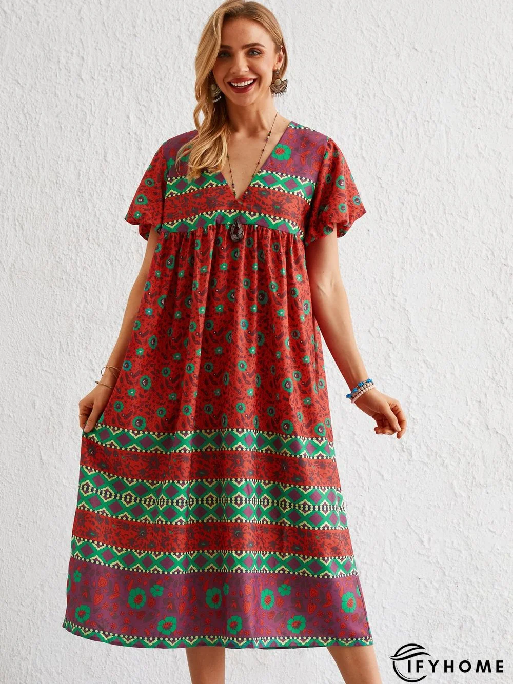 Bohemian casual vacation short sleeve V-neck dress | IFYHOME