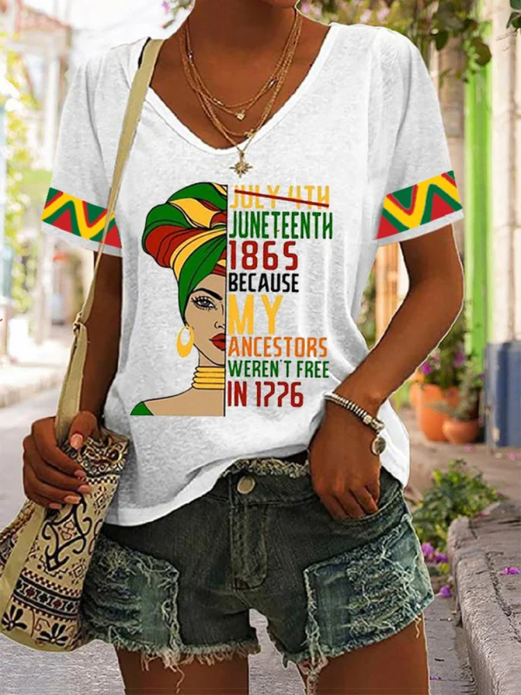 Comstylish Women's Juneteenth 1865 Because My Ancestors Weren’t Free In 1776 Print V-Neck Tee
