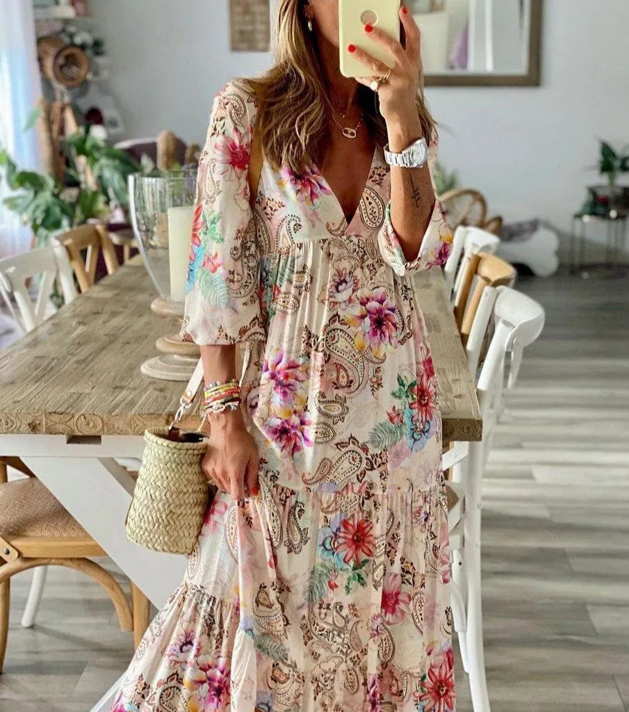 Romantic Print V-Neck Maxi Dress-vocosishoes
