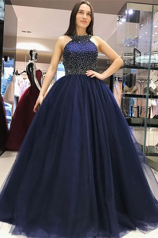 Gorgeous Halter Navy Blue Evening Dress Ball Gown With Beads - lulusllly