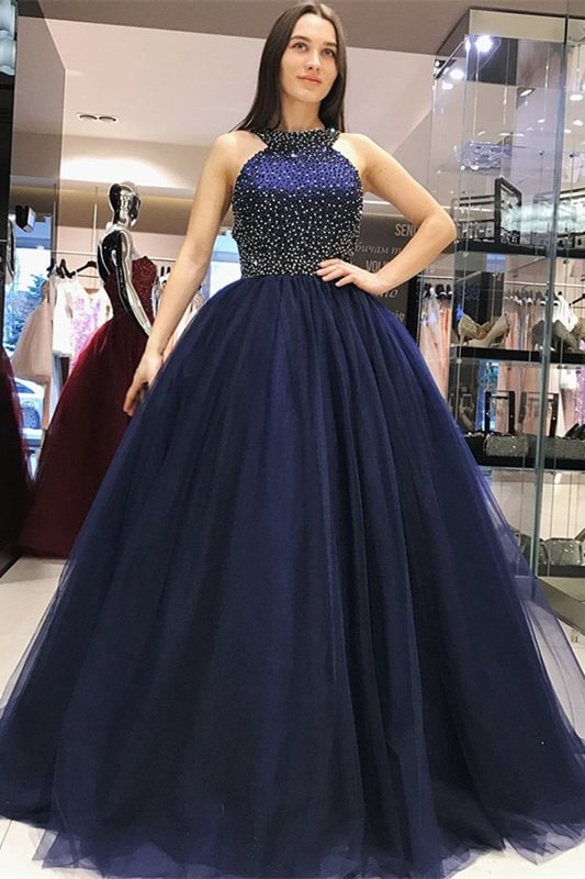 Luluslly Halter Navy Blue Evening Dress Ball Gown With Beads