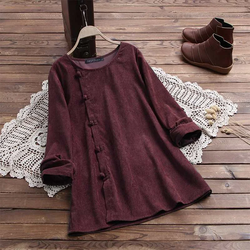 ZANZEA Vintage Corduroy Blouse 2022 Spring Long Sleeve Women Tunic Tops Loose Blusas Solid Blouses Femme Buttons Shirt
