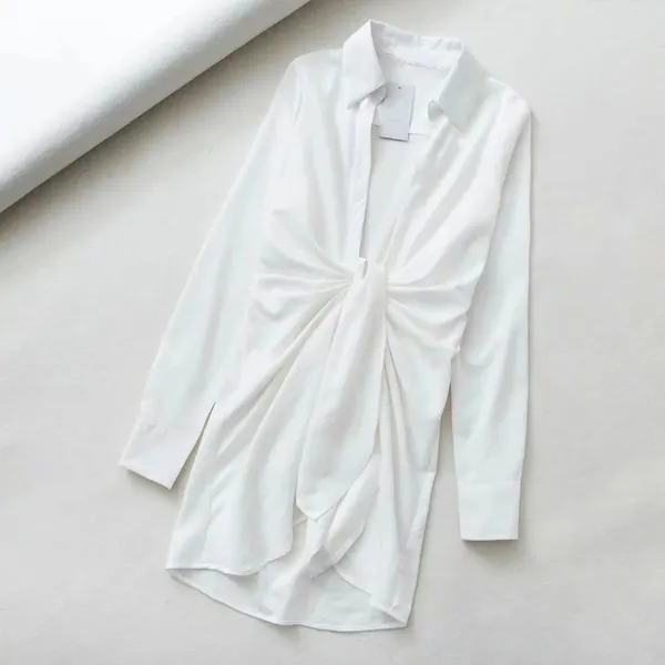 Elegant Deep V-Neck White Shirt Dress Women Summer Sexy Waist Tie Mini Vocation Street