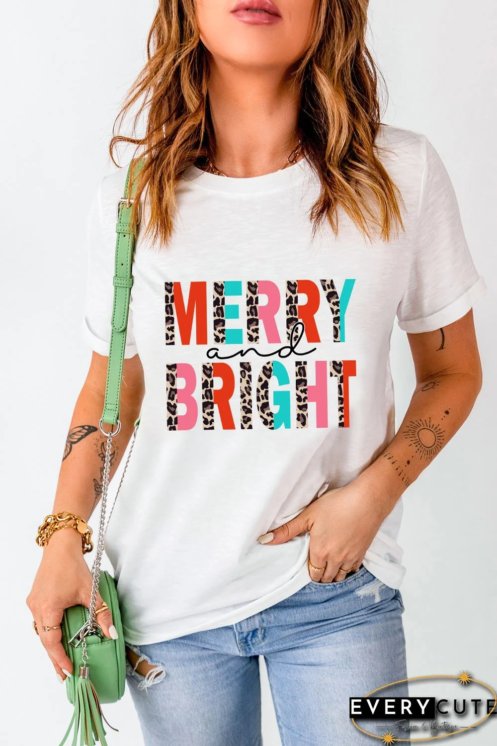 White Merry and Bright Leopard Print Short Sleeve Graphic Tee