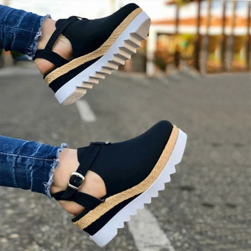 Women's Sandals Vintage Wedge Shoes Woman Buckle Strap Straw Thick Bottom Flats Platform Sandals Flock Female Shoes Summer 2022