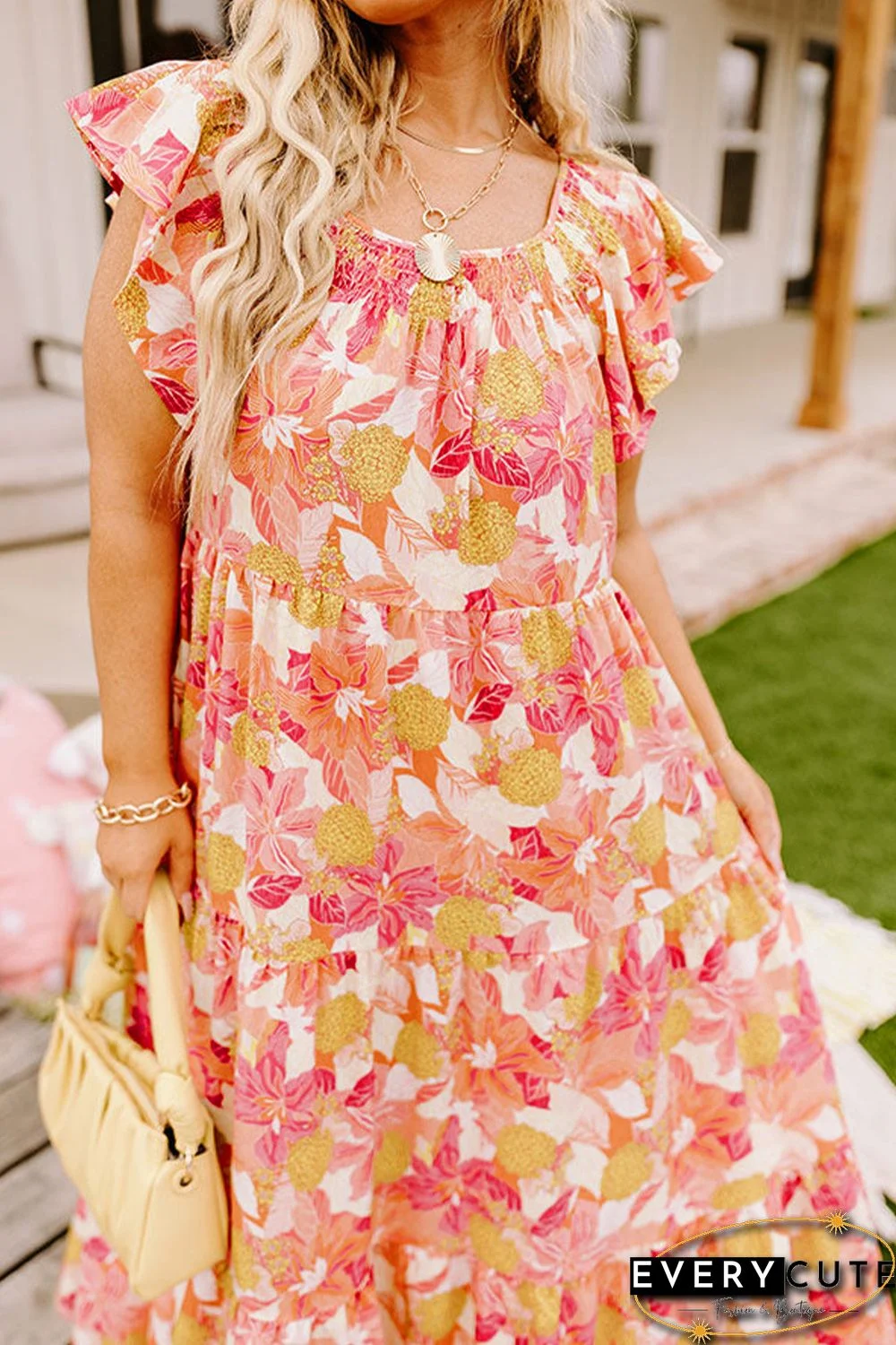 Orange Floral Print Shirred Ruffled Sleeveless Plus Size Dress